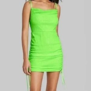 Wild Fable Dress Lime Neon Sequin Sleeveless Short Mini Dress Ruched Woman Med